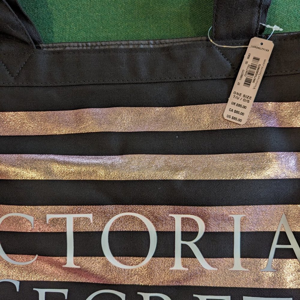 NWT Victoria's Secret Large Black w/ Hot Pink & Rose Gold Stripes Tote/Beach Bag - Picture 6 of 8